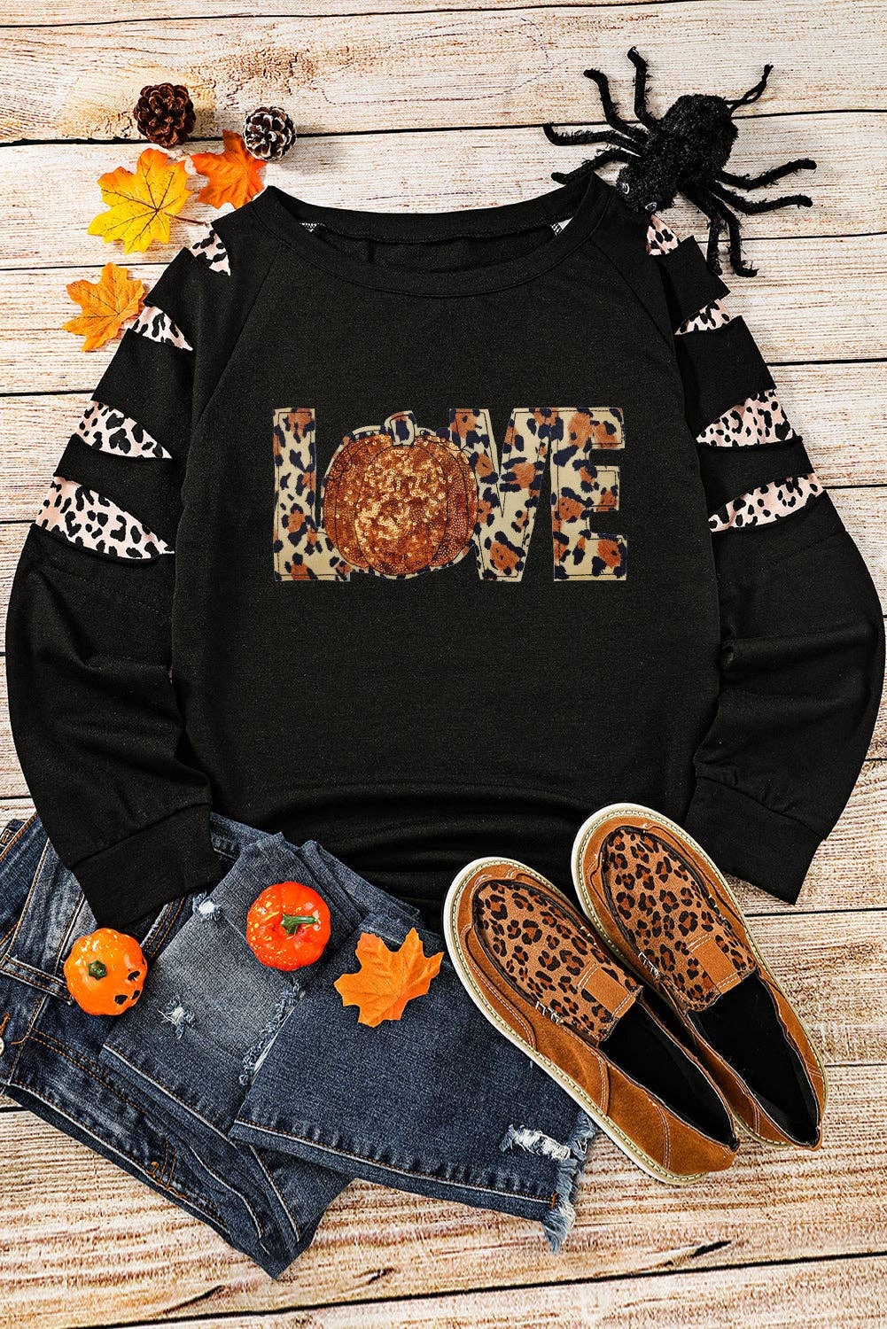 Black LOVE Sequin Pumpkin Leopard Print Cut Out Sleeve Sweatshirt