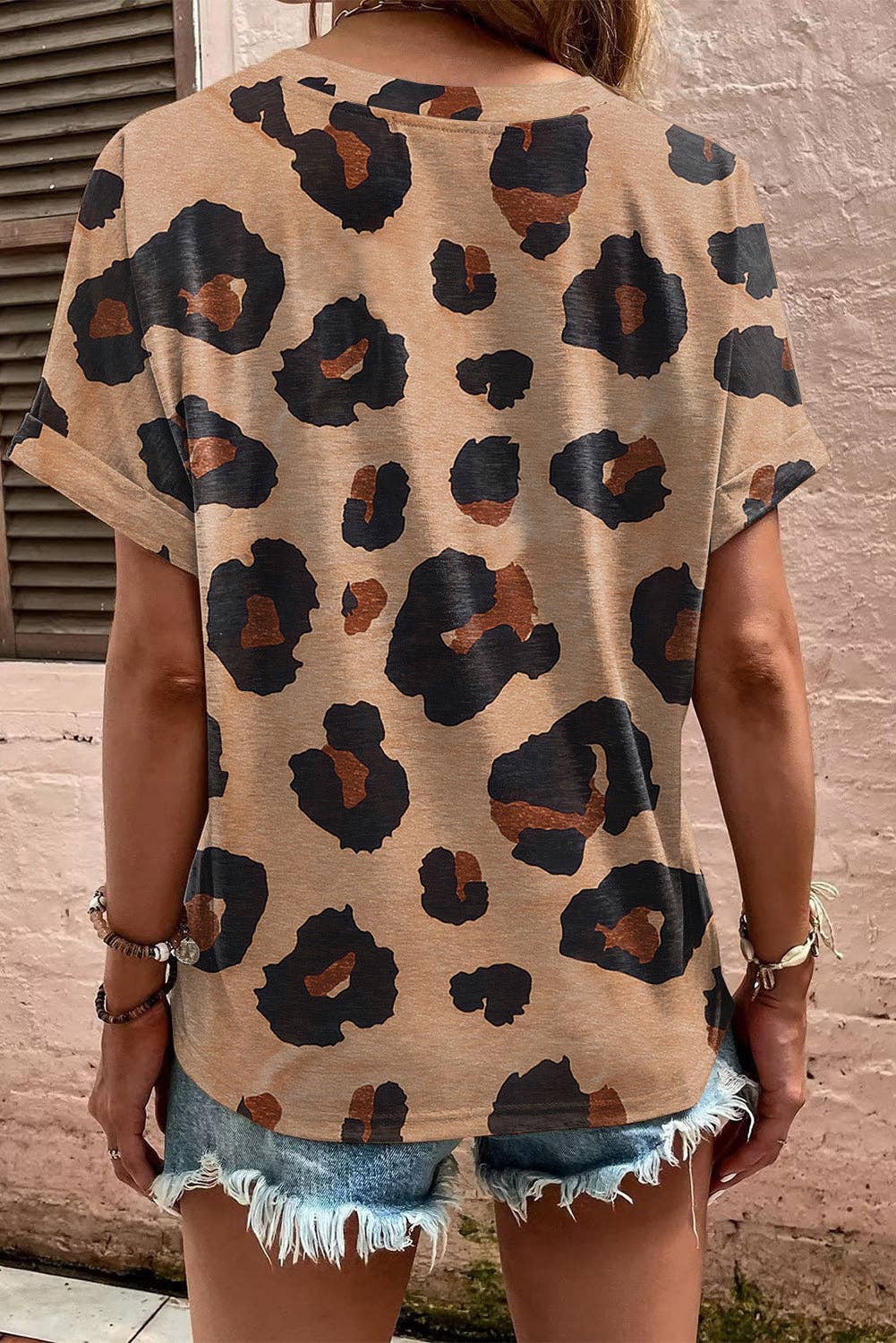 Beige Leopard Folded Short Sleeve Buttoned V Neck T Shirt